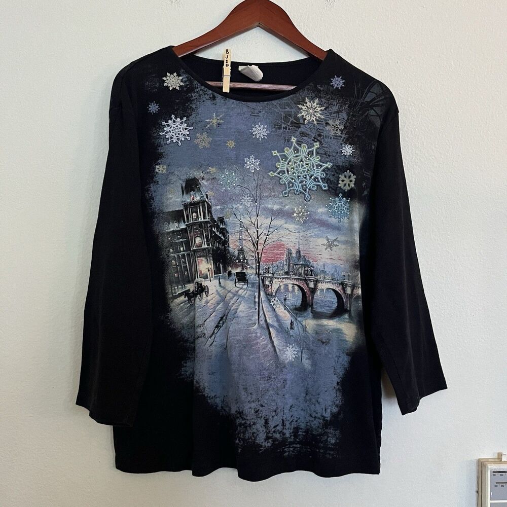 Jess & Jane Paris Winter Art Artsy Holiday 3/4 Sleeve Round Neck Top Blouse 1X